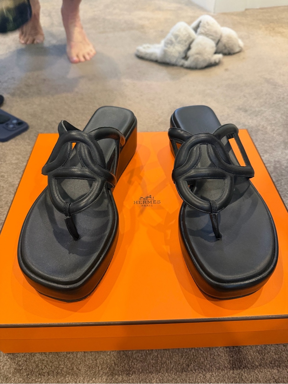 Hermès Black Leather Knot Thong Platform Sandals